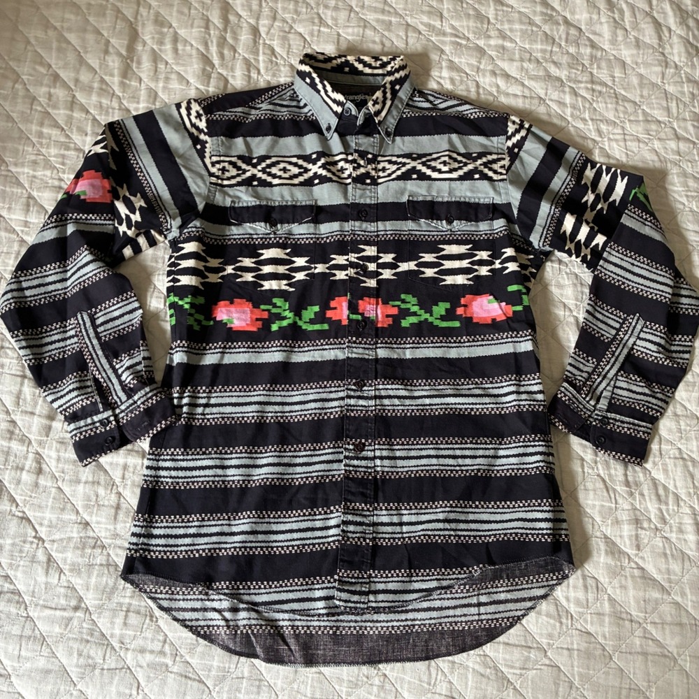 Vtg Wrangler Southwestern Cowboy Cut Shirt Men Size 15.5-34 X-Long Tails Black